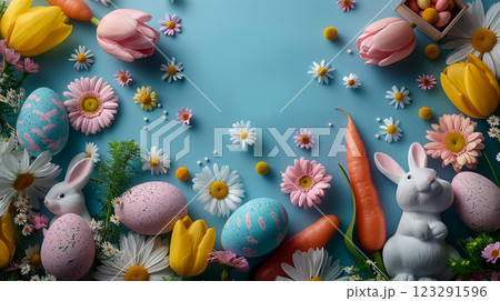 Cheerful Easter-themed flat lay arrangement with colorful eggs, flowers, and bunnies. Generative AI 123291596