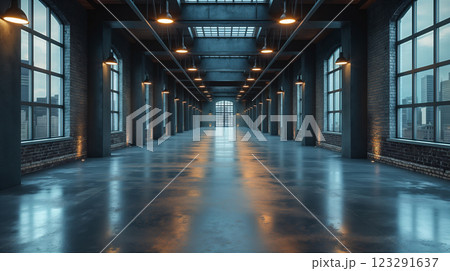 Spacious and Minimalist Dark Loft Room With Plants and Natural Light. Generative AI 123291637