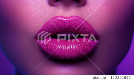 A close-up shot of vibrant pink lips, accentuated with a glossy finish, set against a soft, gradient pink and purple background. 123291699