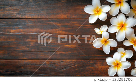Elegant floral display featuring delicate white blooms with yellow centers, artfully arranged on a rich, textured wooden surface. Elegant floral display featuring delicate white blooms with yellow centers, artfully arranged on a rich, textured wooden surface. 123291700