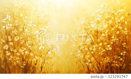 Abstract painting of a golden field with white floral accents, creating a warm and inviting atmosphere. Artistic expression of nature. Abstract painting of a golden field with white floral accents, creating a warm and inviting atmosphere. Artistic expression of nature. 123291747