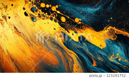 Abstract painting depicting the fluidity of contrasting elements with gold and blue gradients and textural depth, creates a dynamic flow. 123291752