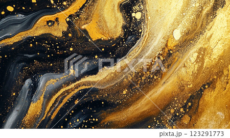 Abstract swirling gold and black fluid art. Metallic pigments create a luxurious, dynamic pattern with scattered golden particles. Abstract swirling gold and black fluid art. Metallic pigments create a luxurious, dynamic pattern with scattered golden particles. 123291773