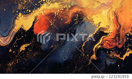 Abstract explosion of gold and dark blues blends in swirling motion, reminiscent of celestial events. Artistic painting texture and fluid flow. 123291959