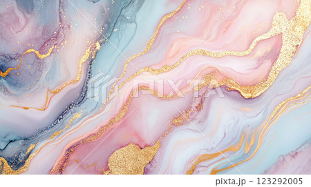 Abstract pastel waves of pink, blue, purple, and gold blend together, creating a soft and ethereal marbled pattern, perfect for backgrounds 123292005