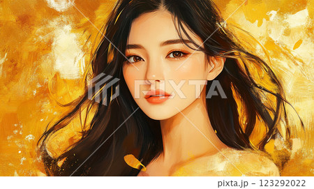 Portrait of a beautiful woman with long dark hair against a textured golden backdrop, rendered in a painterly style. Beauty and art. 123292022