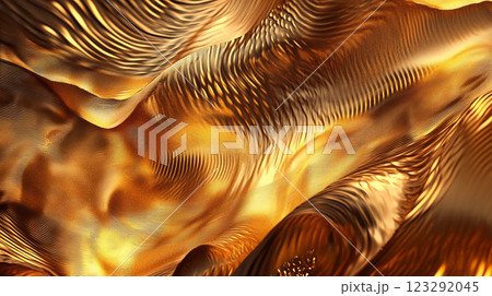 Golden textured surface. Abstract waves with line patterns create a luxurious look. High detail highlights rich metallic effect and movement. Golden textured surface. Abstract waves with line patterns create a luxurious look. High detail highlights rich metallic effect and movement. 123292045