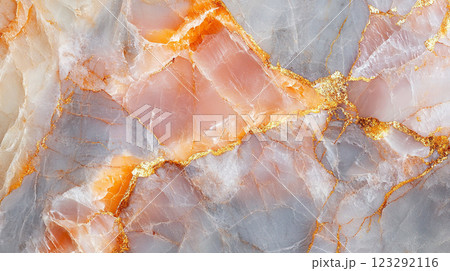 Abstract stone pattern with flowing orange and grey with hints of sparkling gold, creating a luxurious and organic aesthetic. 123292116