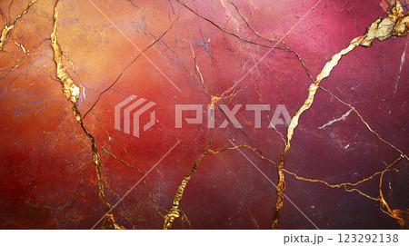 Abstract image with flowing gold veins running through a layered marble background of warm reddish tones and dark fissures. 123292138