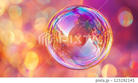 An iridescent bubble floats against a bokeh background. The swirling colors catch the light, creating a captivating, ethereal effect. 123292145