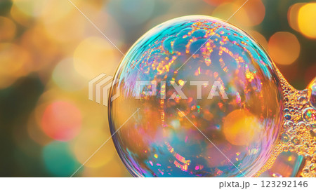 A macro shot of a soap bubble floating with reflected light making it colorful against a blurred colorful background with yellow and orange. 123292146