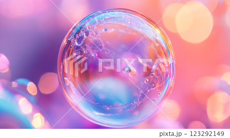 Iridescent sphere captures ethereal light, showcasing captivating reflections and soft pastel colors. A mesmerizing macro view of delicate beauty. 123292149