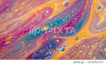 Colorful, bubbly surface with swirls of purple, yellow and turquoise, sparkling with tiny iridescent particles. A captivating abstract design. Colorful, bubbly surface with swirls of purple, yellow and turquoise, sparkling with tiny iridescent particles. A captivating abstract design. 123292153