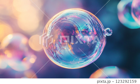 Delicate soap bubbles float ethereally, shimmering with iridescent colors. Abstract and surreal. A playful vision of fleeting beauty. 123292159