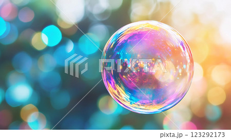 A colorful iridescent bubble floating and reflecting light, creating a mesmerizing and ethereal effect against a blurred, bokeh background. 123292173