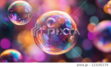 Floating iridescent soap bubbles against a blurry background create a magical, dreamlike effect. 123292174
