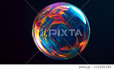 Iridescent sphere against a dark backdrop, showcasing swirling patterns of vibrant blues, oranges, and yellows with a glossy finish. Iridescent sphere against a dark backdrop, showcasing swirling patterns of vibrant blues, oranges, and yellows with a glossy finish. 123292180