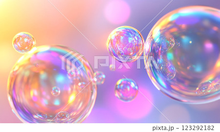 Floating iridescent bubbles with a rainbow sheen, suspended against a blurred pastel backdrop, exuding a whimsical and dreamlike quality 123292182