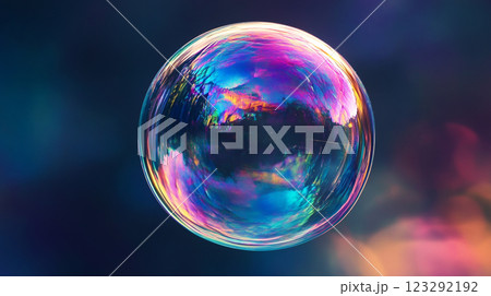 An iridescent bubble floats against a dark, softly blurred backdrop, showcasing vibrant colors and textures within its delicate surface. An iridescent bubble floats against a dark, softly blurred backdrop, showcasing vibrant colors and textures within its delicate surface. 123292192