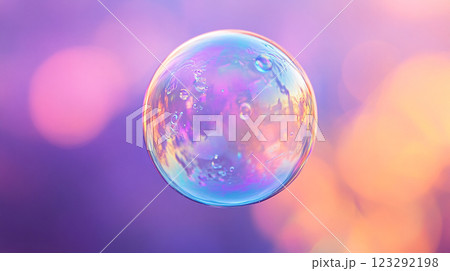 Delicate iridescent sphere floating in a pastel dream, a dance of light and color captured in a moment of ethereal beauty. 123292198