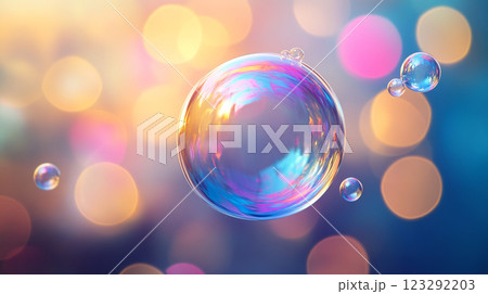 Iridescent bubbles float against a soft, blurred background of warm bokeh lights, creating a dreamy and ethereal atmosphere. 123292203