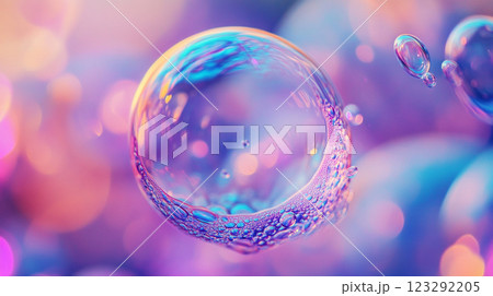 A mesmerizing iridescent soap bubble, reflecting vibrant hues against a soft, bokeh-filled backdrop. Pure abstract artistry in motion. A mesmerizing iridescent soap bubble, reflecting vibrant hues against a soft, bokeh-filled backdrop. Pure abstract artistry in motion. 123292205