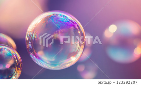 Macro photograph capturing the ethereal beauty of iridescent soap bubbles, creating a dreamlike, visually stunning and colorful spectacle. 123292207