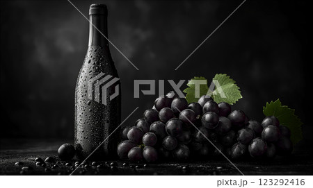 Black wine bottle surrounded by fresh grapes on dark textured surface. Generative AI 123292416