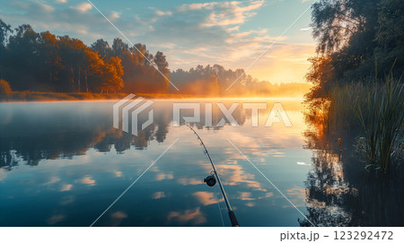 Lakeside fishing at sunrise with mist over calm waters. Generative AI 123292472