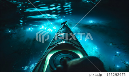 Kayaking through glowing waters on a bioluminescent adventure. Generative AI 123292473