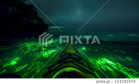 Kayaking through glowing waters on a bioluminescent adventure. Generative AI 123292474