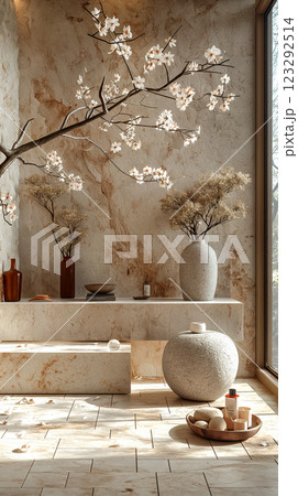 Light platform with blooming cherry on beige background, product presentation. Generative AI 123292514