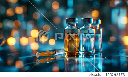 Syringe and vials of medication on a reflective surface with bokeh background. Generative AI 123292578