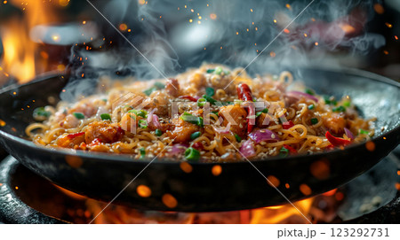 Grilled steaks with fresh vegetables and citrus on a black serving platter. Generative AI Grilled steaks with fresh vegetables and citrus on a black serving platter. Generative AI 123292731