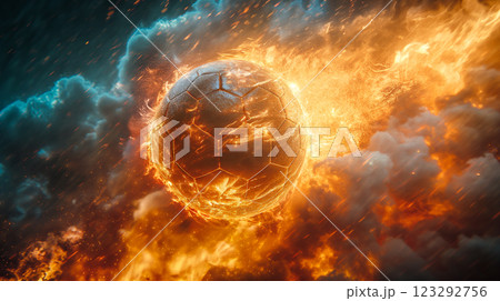 Flaming soccer ball surrounded by vibrant clouds at sunset. Generative AI 123292756