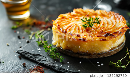 Savory pie topped with golden crust and fresh herbs on a slate plate. Generative AI Savory pie topped with golden crust and fresh herbs on a slate plate. Generative AI 123292780