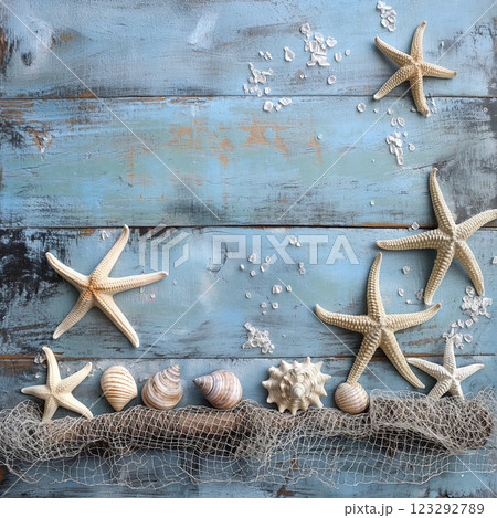 Unique seashells and starfish arranged on rustic wooden background. Generative AI 123292789