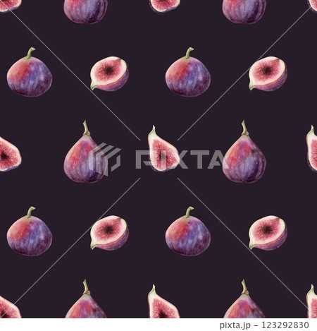 Dark purple figs simple watercolor seamless pattern on violet black. Whole and cut summer fruits repeat background in realistic botanical style with halved berries. Hand drawn illustration 123292830