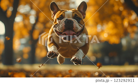 Dynamic bulldog leaps joyfully through a park...のイラスト素材 [123292911] - PIXTA