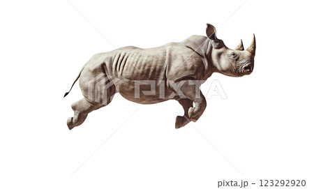 Dynamic leap of a rhinoceros captured in mid-air showcasing its strength and agility against a plain background 123292920