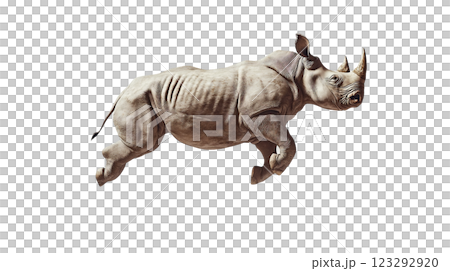Dynamic leap of a rhinoceros captured in mid-air showcasing its strength and agility against a plain background 123292920
