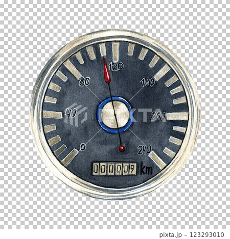 Speedometer. Moto tachometer. Watercolor hand-drawn illustration isolated from the background. For create composition with helmet, motorcycle. absorber. About speeding, traffic laws, safety on road 123293010