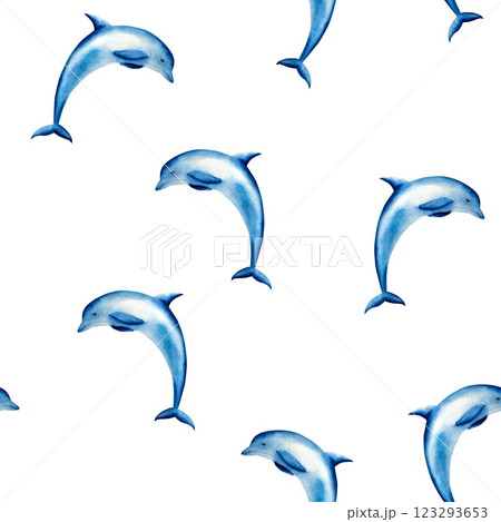 Seamless pattern with dolphin jumping. Watercolor hand drawn illustration isolated on background. For designers, postcards, greetings, birthday, calendar, wallpapers, wrapping paper, logo, baby design 123293653