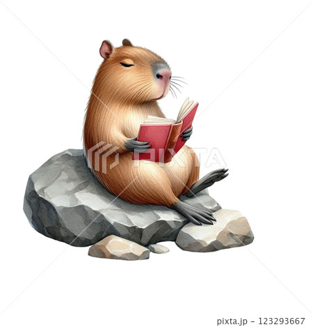 Capybara reading a book on a rock clipart watercolor  123293667