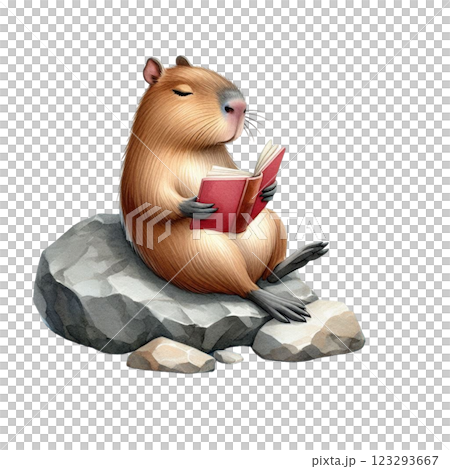 Capybara reading a book on a rock clipart watercolor  123293667