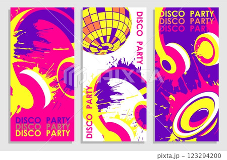 Set of vertical flyers with music wireless over ear headphones and sparkling mirror disco ball droped with colored blots, dots of paint. Templates for party invitation, banner, brochures print. Vector Set of vertical flyers with music wireless over ear headphones and sparkling mirror disco ball droped with colored blots, dots of paint. Templates for party invitation, banner, brochures print. Vector 123294200