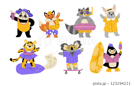 Funny Animals Tourist Enjoying Summer Beach Vacation Vector Set Funny Animals Tourist Enjoying Summer Beach Vacation Vector Set 123294211
