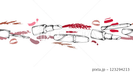 Make-up lipstick, lip gloss balm moisturizer, tube container, kiss smudge. Detailed line vector sketch hand drawn in ink, isolated seamless banner. Beauty parlor illustration, packaging, cosmetic shop Make-up lipstick, lip gloss balm moisturizer, tube container, kiss smudge. Detailed line vector sketch hand drawn in ink, isolated seamless banner. Beauty parlor illustration, packaging, cosmetic shop 123294213