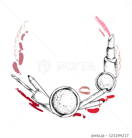 Make-up lipstick, gloss balm moisturizer, powder palette, contour pencil, kiss smudge. Detailed line vector sketch hand drawn in ink, isolated wreath frame. Beauty parlor illustration, cosmetic shop Make-up lipstick, gloss balm moisturizer, powder palette, contour pencil, kiss smudge. Detailed line vector sketch hand drawn in ink, isolated wreath frame. Beauty parlor illustration, cosmetic shop 123294217