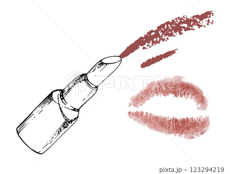 Make-up lipstick, gloss balm moisturizer, tube container, kiss smudge. Isolated composition, detailed line vector sketch hand drawn in ink. Beauty parlor salon illustration, packaging, cosmetics shop Make-up lipstick, gloss balm moisturizer, tube container, kiss smudge. Isolated composition, detailed line vector sketch hand drawn in ink. Beauty parlor salon illustration, packaging, cosmetics shop 123294219